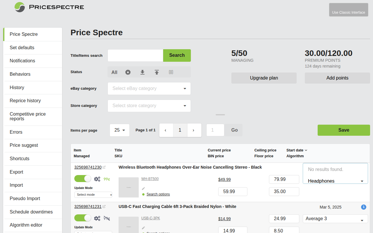 Screenshot: Searching for a listing in the Price Spectre dashboard