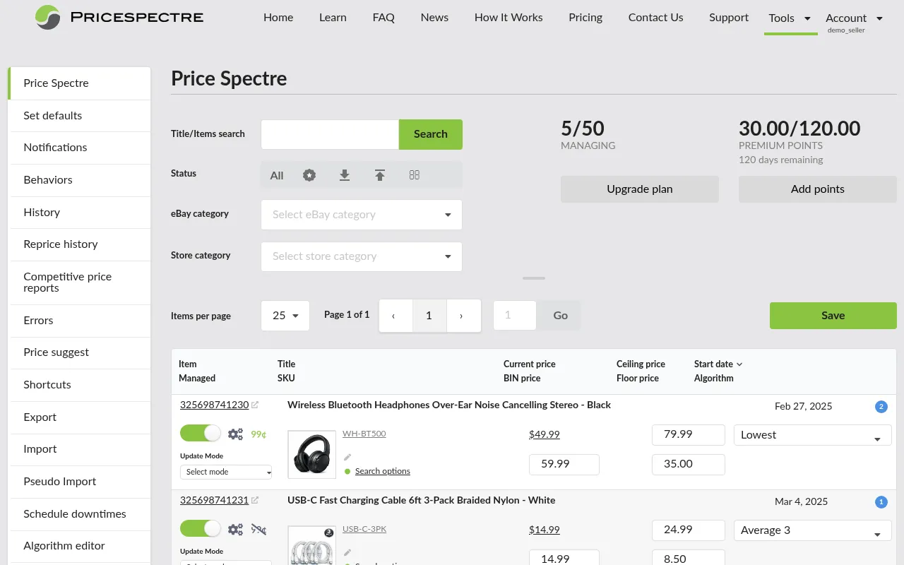 Screenshot: Toggling a listing to managed status