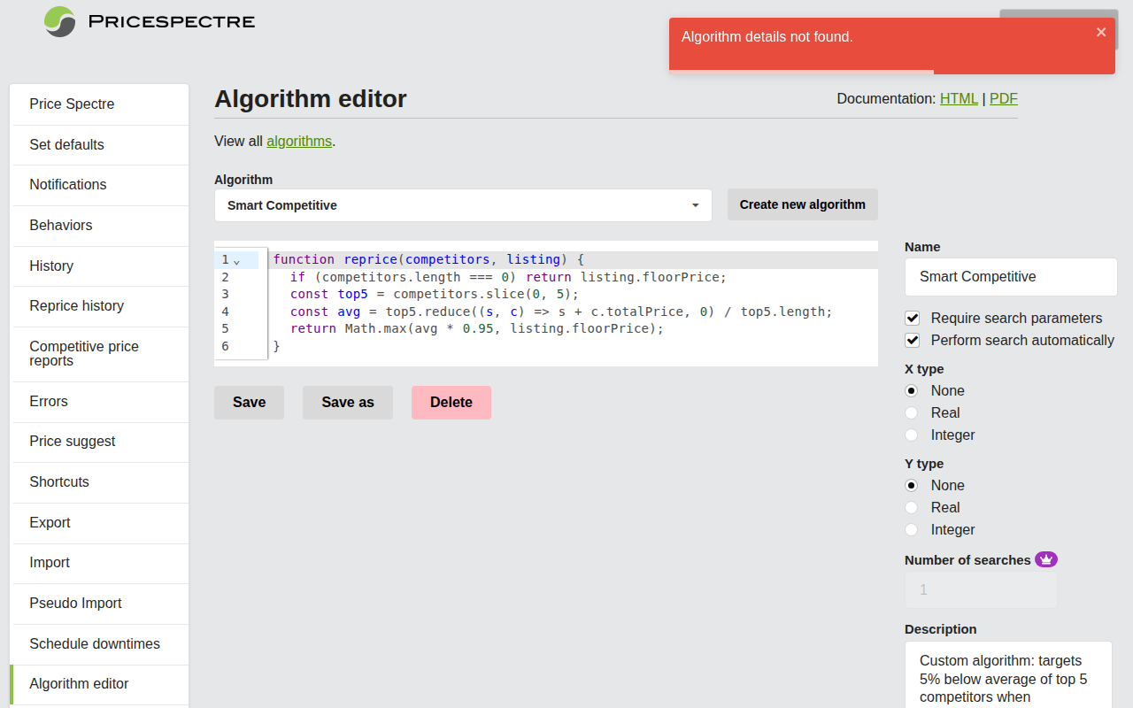 Screenshot: Algorithm Editor with code interface