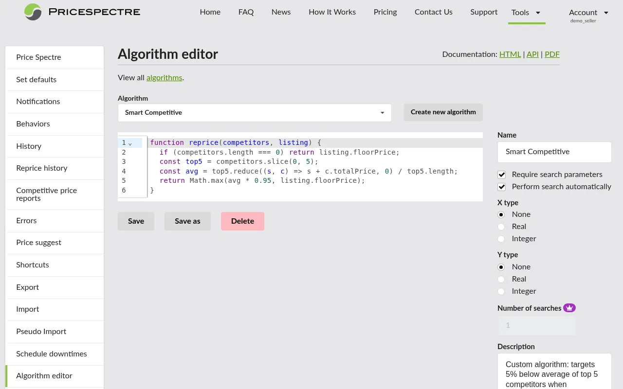 Screenshot: Algorithm Editor with code interface