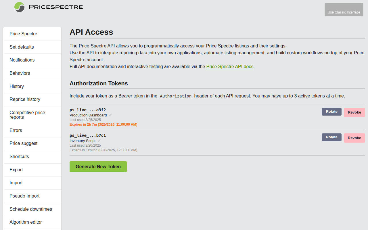 Screenshot: API Access token management page