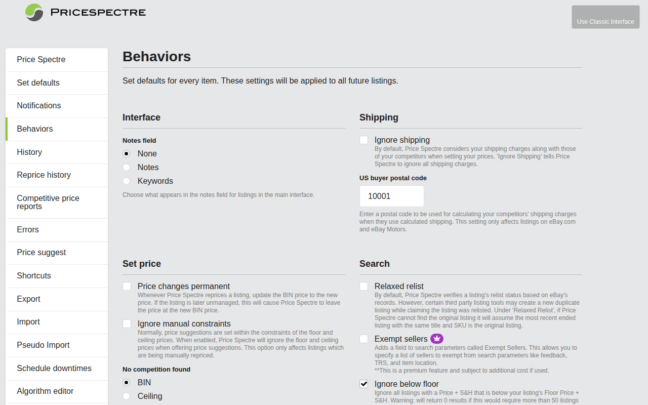 Screenshot: Behaviors configuration page