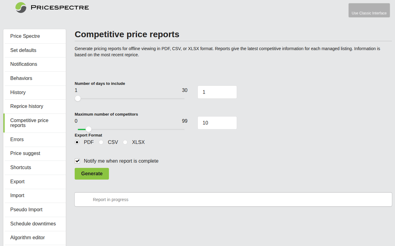 Screenshot: Competitive Price Reports generation page