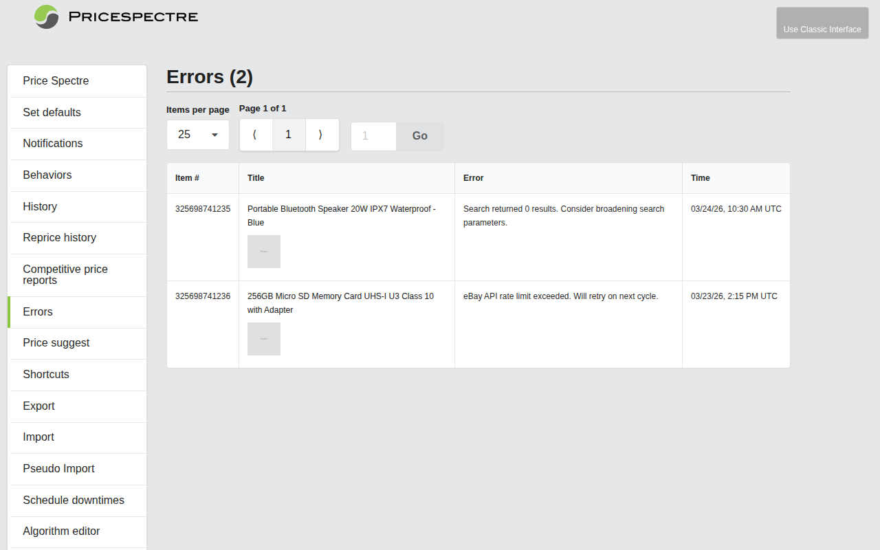 Screenshot: Errors page showing recent issues
