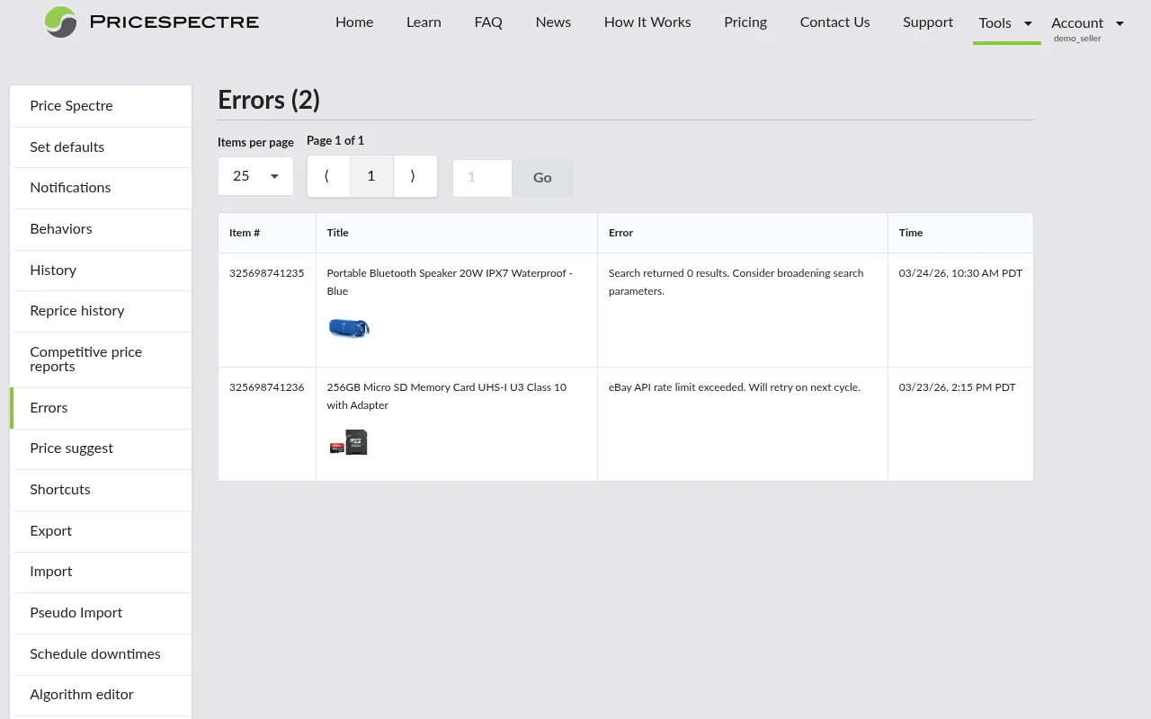 Screenshot: Errors page showing recent issues