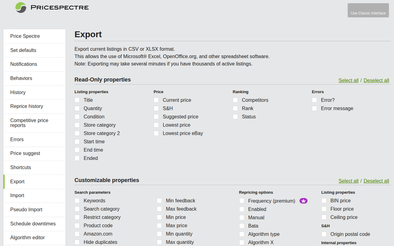 Screenshot: Export configuration page