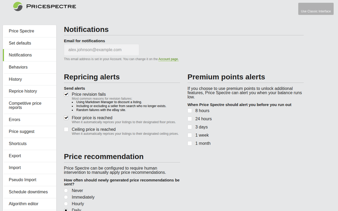 Screenshot: Notifications settings page