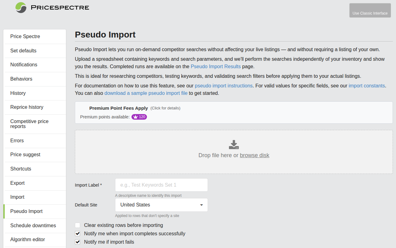 Screenshot: Pseudo Import site and file selection
