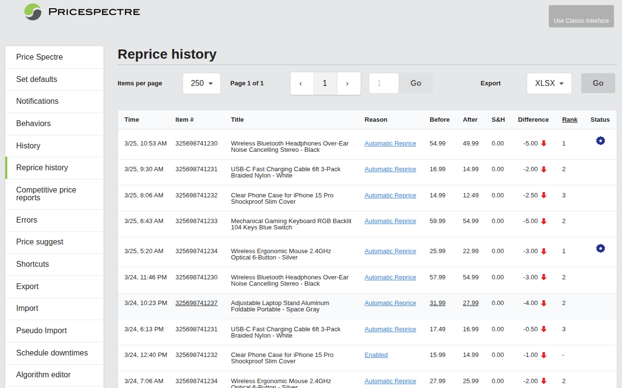 Screenshot: Reprice History log with entries