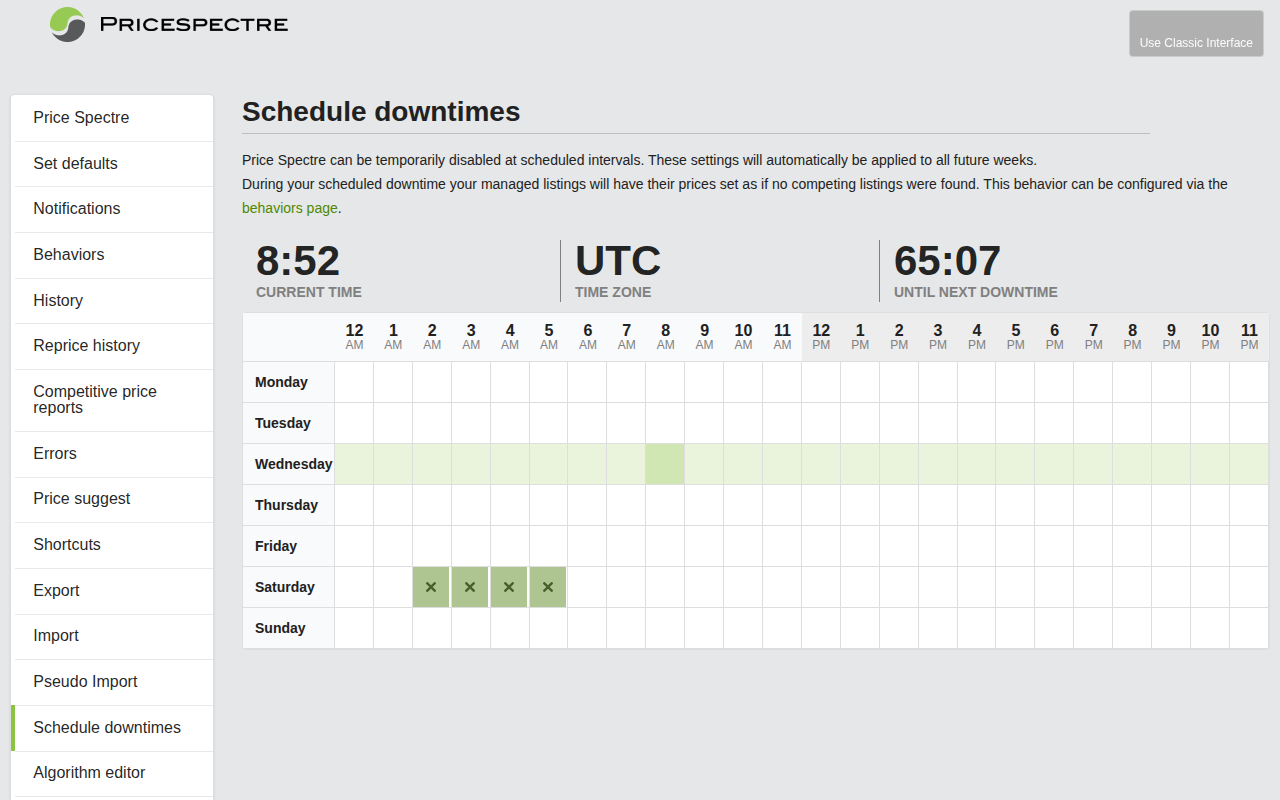 Screenshot: Schedule Downtimes visual calendar