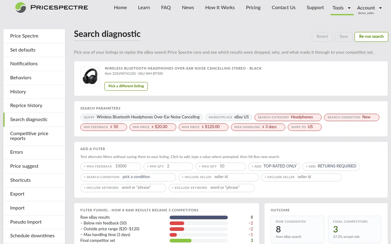 Screenshot: Search Diagnostic tool page overview