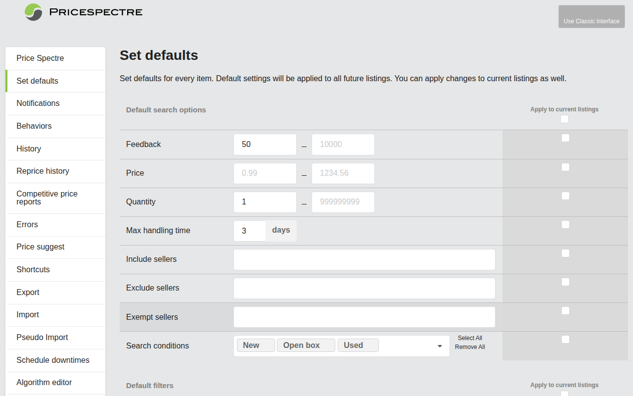 Screenshot: Set Defaults configuration page