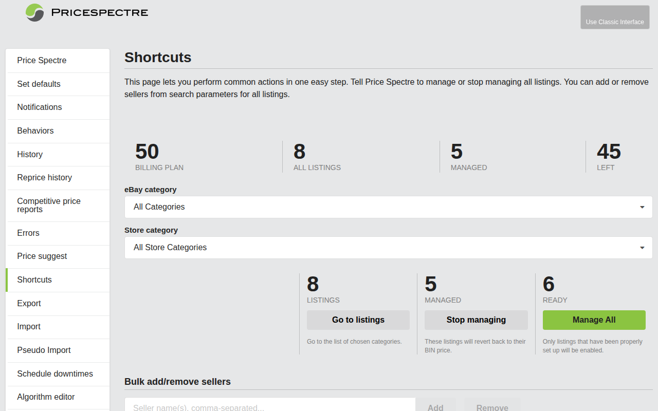 Screenshot: Shortcuts bulk management page